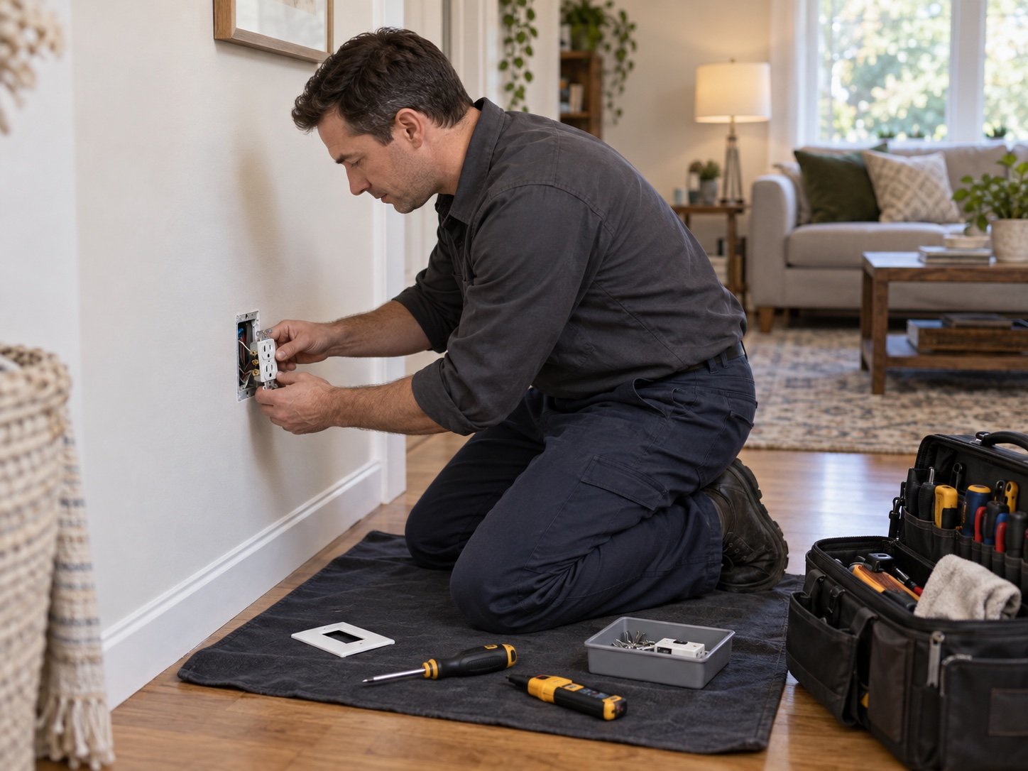 Electrician carefully replacing an outlet on a protective work mat