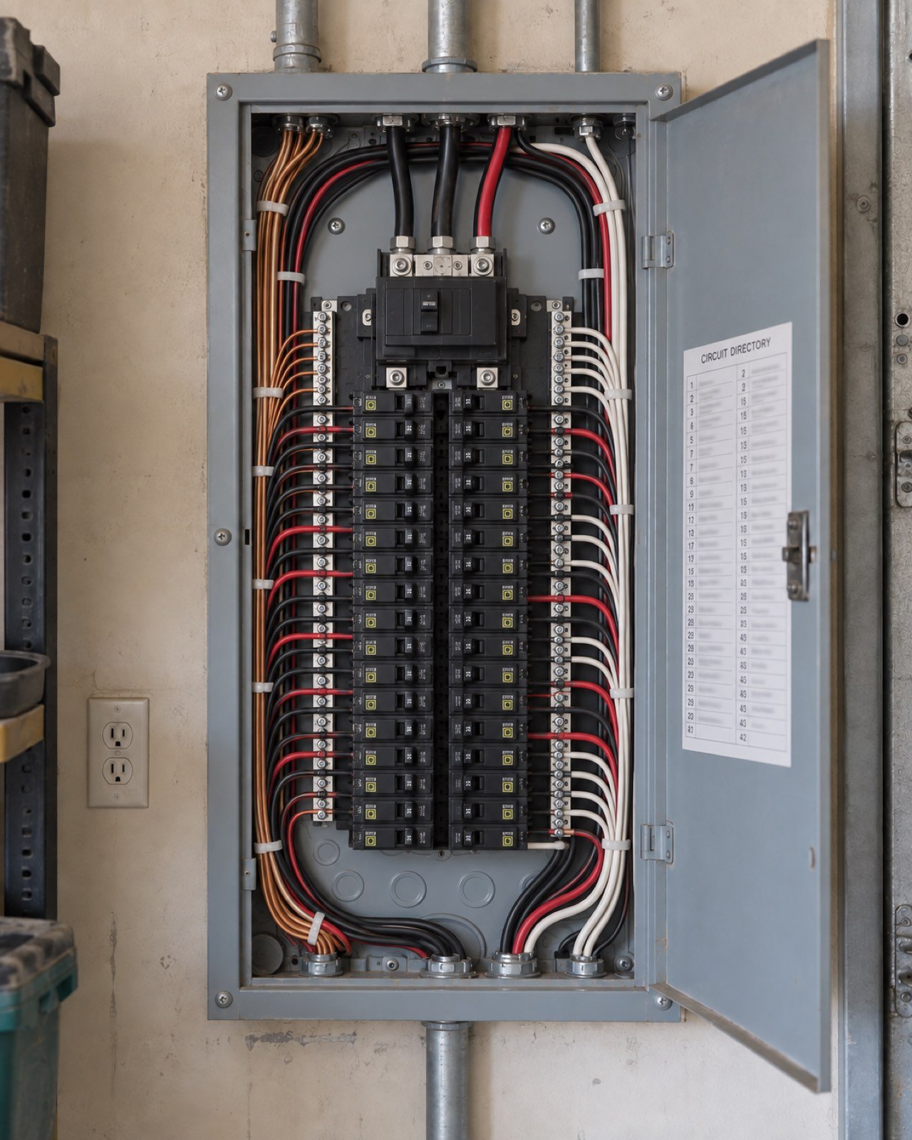 The same panel after the rebuild: new breakers, neatly dressed wiring, and a printed circuit directory