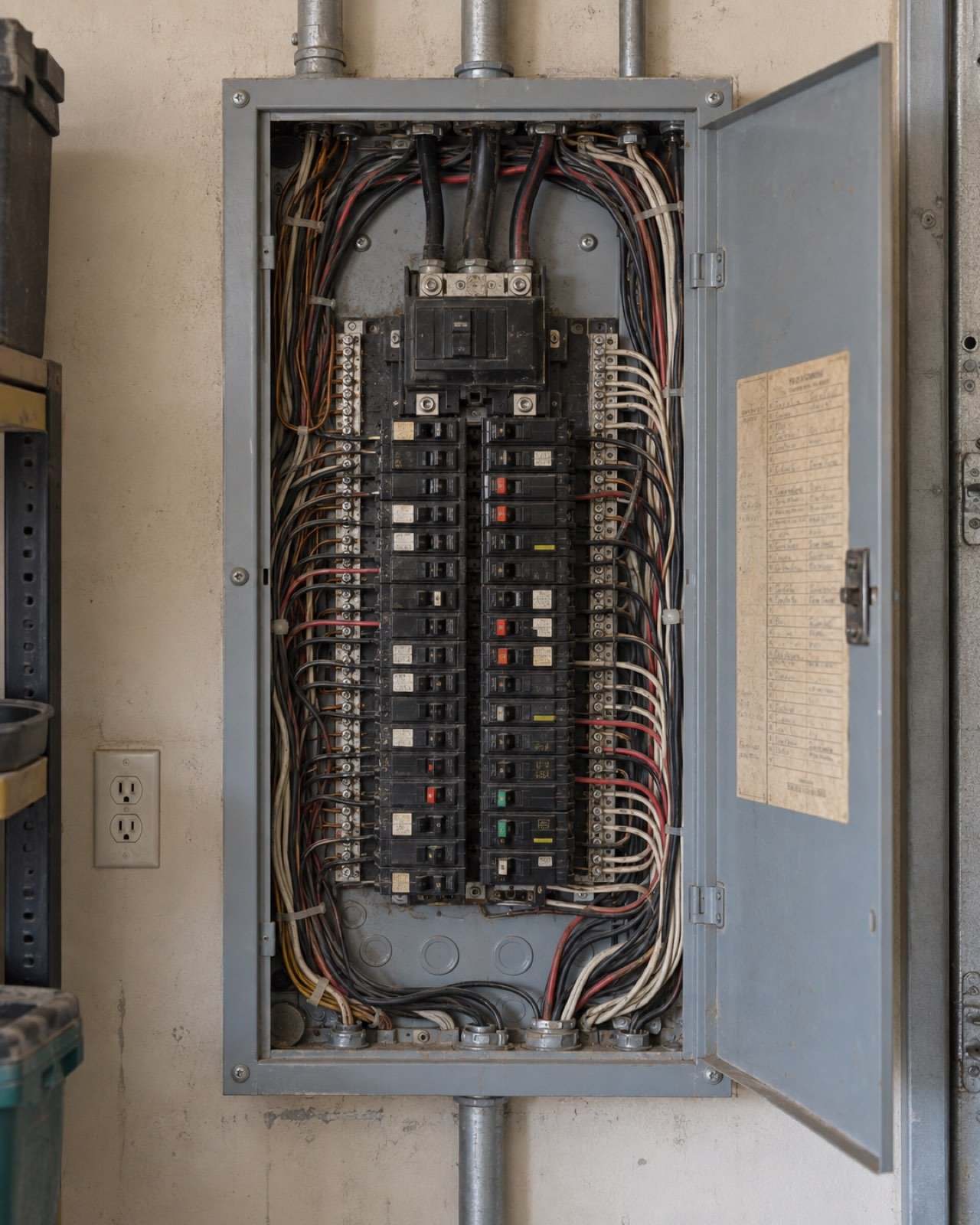 The panel before the rebuild: mixed breakers and tangled, unlabeled wiring
