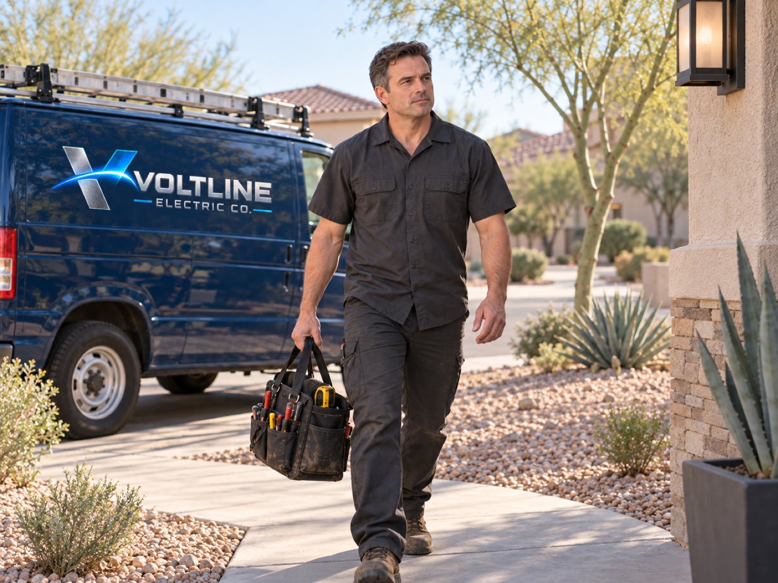 A Voltline service van parked at a home in the morning